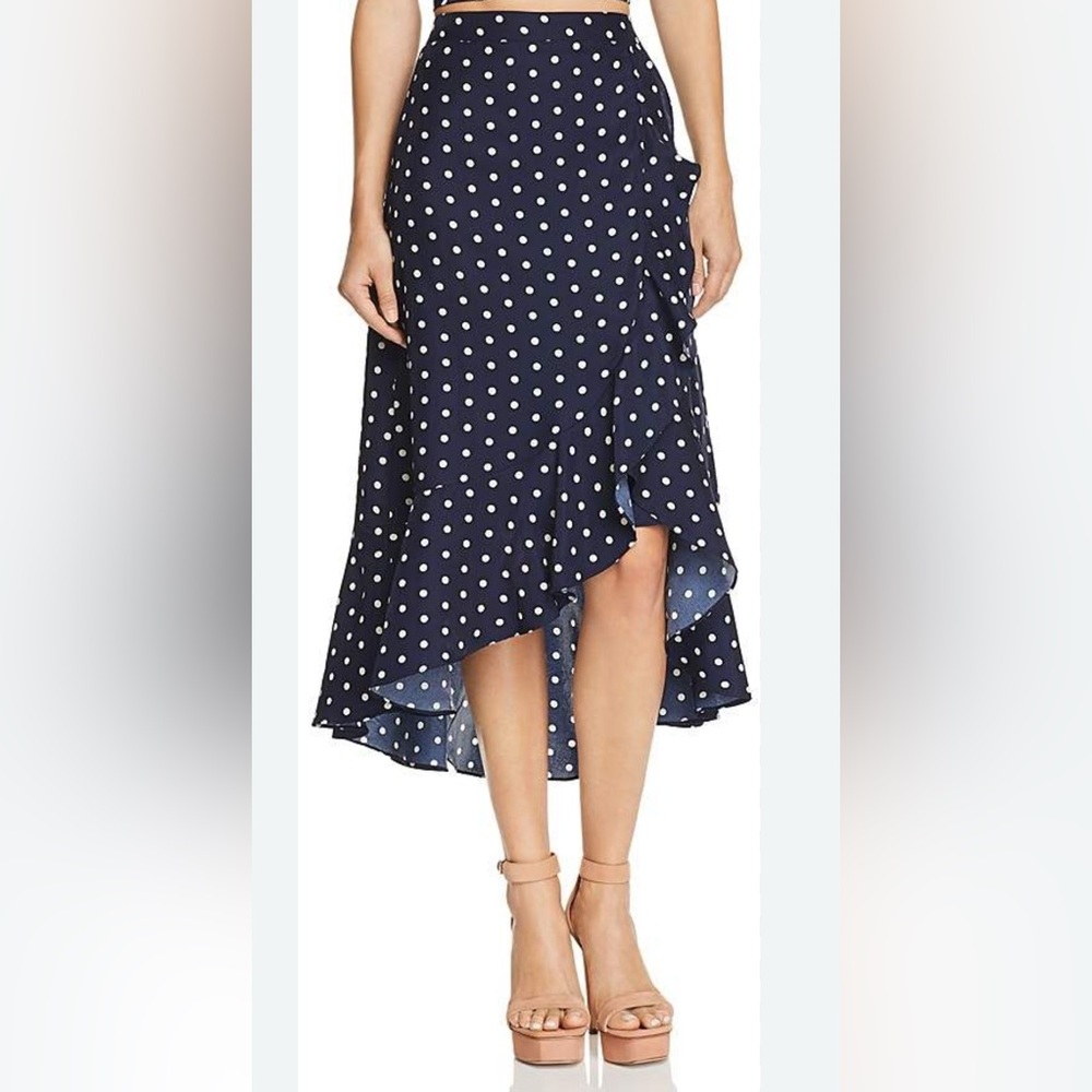 Lucy Paris Blue and White Midi Skirt with Ruffled High-Low Hem. Size Small